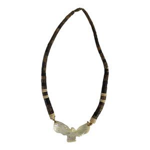 Eagle Mother of Pearl Necklace Wooden Beads 18"